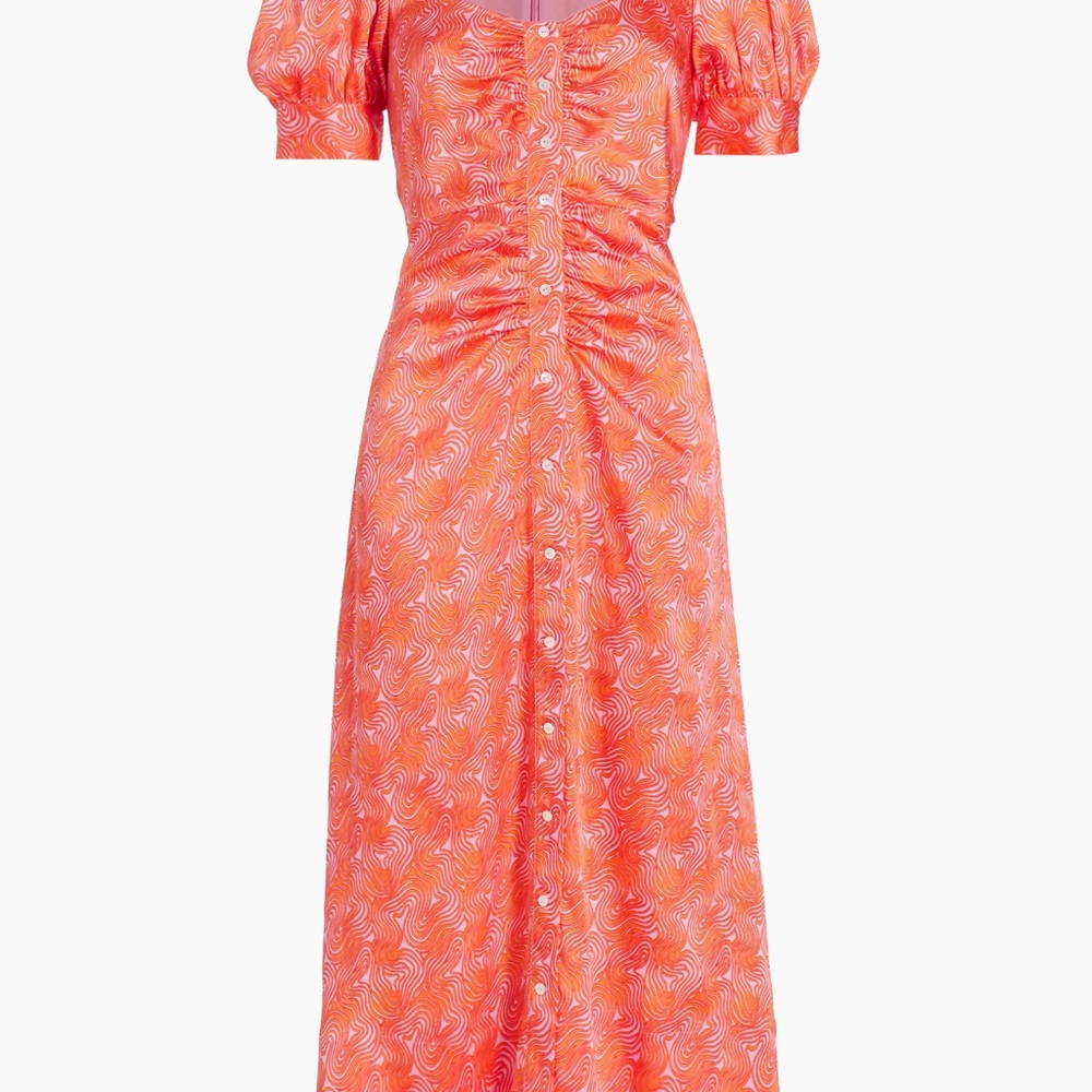 Cinq a Sept Orange Pink Ruched Buttoned Maxi Dress